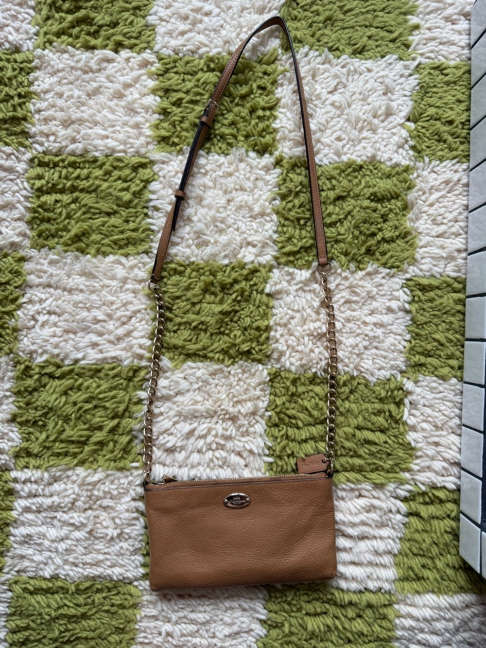 Coach Tan Pebble Leather Chain-Trim Crossbody